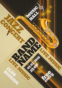 爵士乐音乐会俱乐部邀请海报与萨克斯管矢量插图爵士乐音乐会海报图片