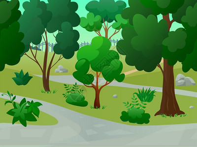 游戏公园景观与2d树木小巷平背景矢量插图公园景观插图图片