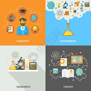 科学与研究集与科学家理论实验平图标孤立矢量插图科学研究平背景图片