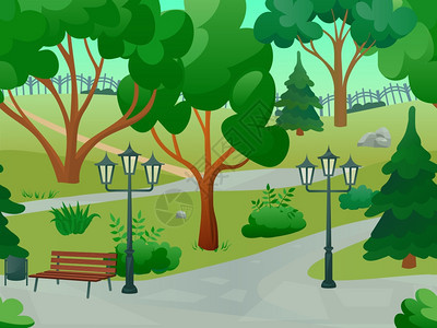 公园2d游戏景观与树木路灯长凳平矢量插图公园景观插图背景图片