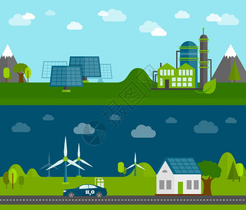 生物可充电绿色能源生产家庭太阳能系统平水平横幅抽象矢量插图生态能源平横幅图片