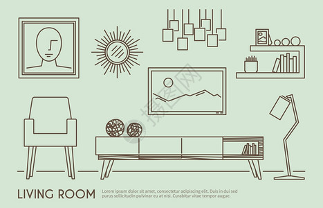 客厅室内与轮廓家具集矢量插图客厅家具图片