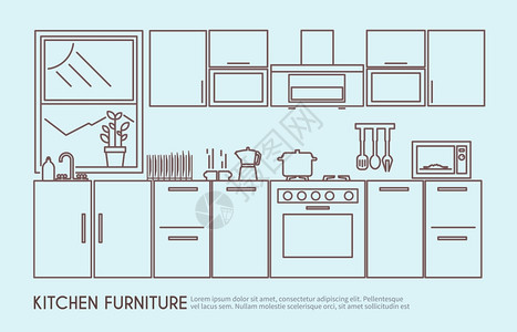 现代厨房家具室内与器皿装饰轮廓矢量插图厨房家具插图背景图片