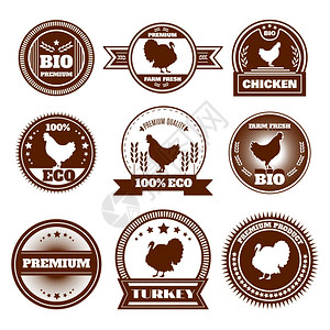 生态机农场免费范围鸡火鸡优质生产标志图标抽象孤立矢量插图生态农场鸡火鸡章背景图片