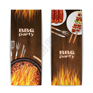 烧烤烧烤派垂直横幅与现实的热炒火灾食品隔离矢量插图烧烤烧烤横幅图片