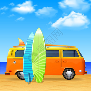 复古巴士与冲浪板夏季海洋背景矢量插图冲浪板的公共汽车图片
