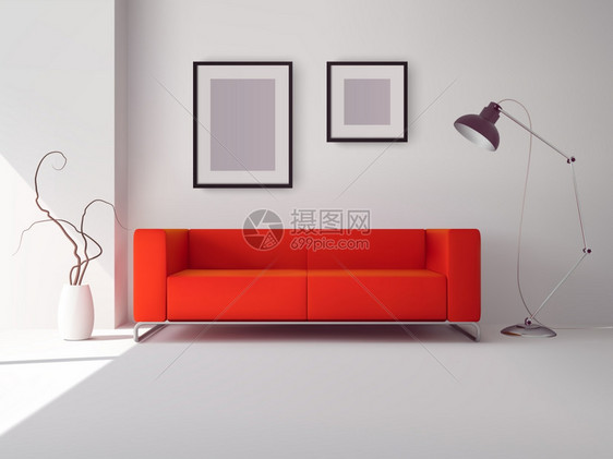 现实的红色方形沙发与灯相框内部矢量插图带框架灯的红色沙发图片