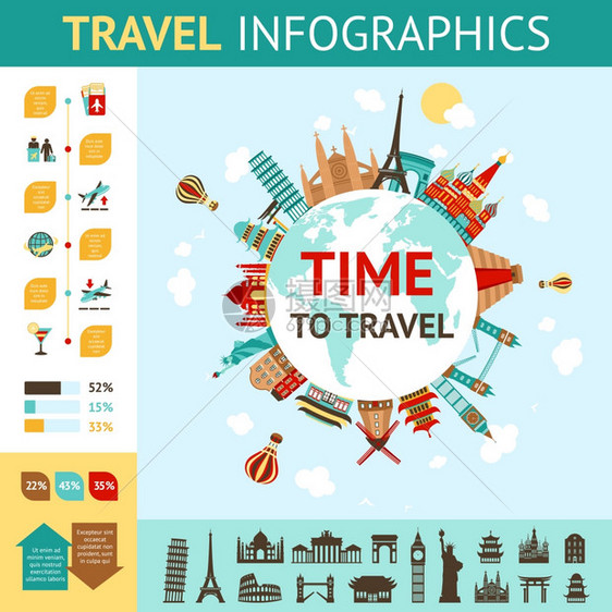 旅行信息与世界著名的地标图表矢量插图旅行信息图表集图片