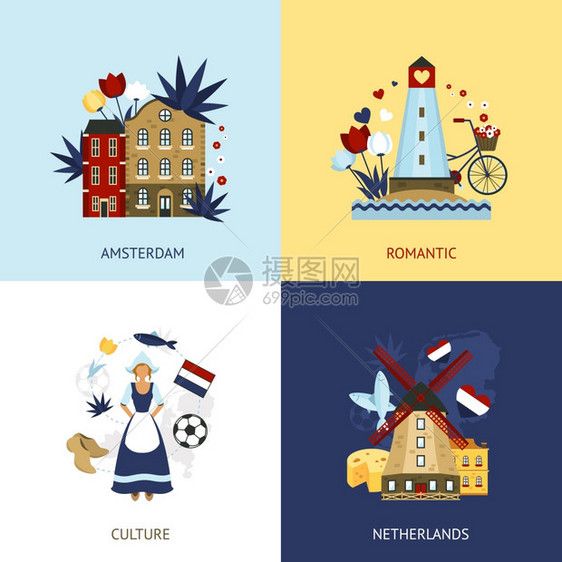 荷兰理念集浪漫阿姆斯特丹文化平图标孤立矢量插图荷兰的理念图片