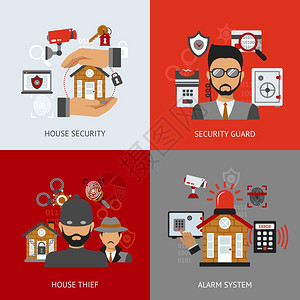 安全与房屋小偷警卫报警系统平图标隔离矢量插图安全图片