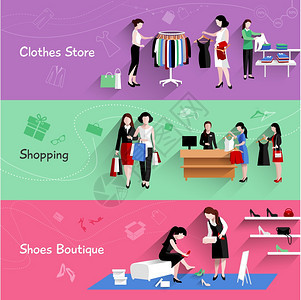 妇女购物水平横幅与衣服鞋子商店元素矢量插图女人购物横幅套图片