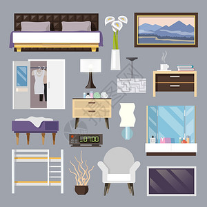 卧室家具平图标床灯扶手椅隔离矢量插图卧室家具平图标图片