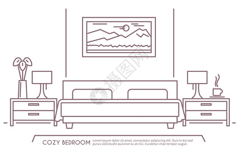 家庭酒店卧室内部与舒适的家具轮廓矢量插图卧室家具轮廓图片