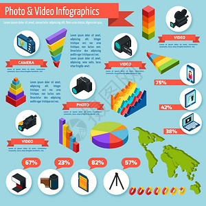 照片视频信息集与摄影设备等距图表矢量插图照片视频信息图表图片