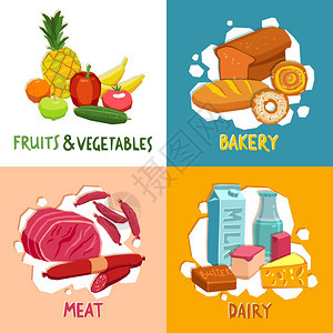 超市理念集与烘焙肉类乳制品水果蔬菜分离矢量插图超市理念图片