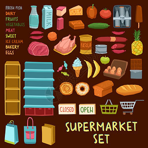 超市图标鱼,乳制品,肉类,包店,水果,蔬菜,冰淇淋,购物车,篮子,矢量插图超市图标图片