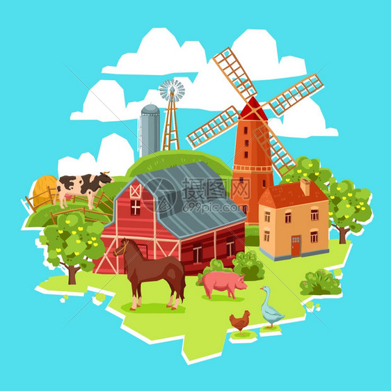 农场五彩与谷仓风车,牛,鹅,鸡,干草堆,树木矢量插图农场五彩的图片