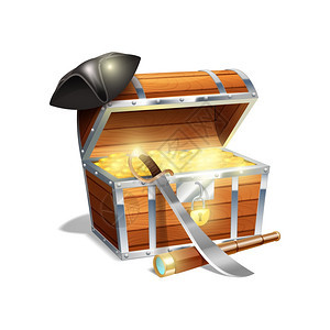 海盗木制宝藏箱与黄金间谍璃切割机黑色三角帽抽象矢量插图海盗宝箱插图图片
