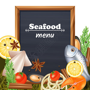 海鲜餐厅菜单模板与黑板鱼美味矢量插图海鲜菜单模板图片