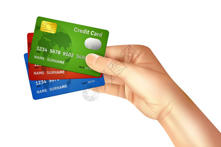 现实的手持芯片塑料信用卡隔离白色背景矢量插图手握信用卡图片