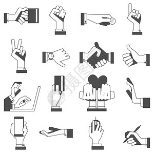 手势字符黑色图标收集与信用卡计算机鼠标符号抽象矢量孤立插图手图标为黑色背景图片
