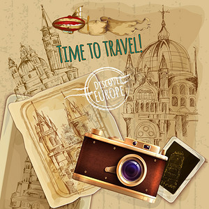 欧洲旅行与相机老式海报欧洲旅行与相机气球老式海报矢量插图图片