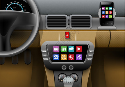 真实的汽车内部与汽车多媒体系统智能手机矢量插图汽车多媒体系统图片