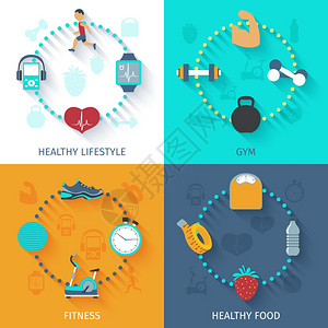 健康生活方式健身健身房饮食惯4平图标成方形横幅抽象孤立矢量插图健身4平图标方形横幅图片