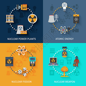 核能裂变原子能发电生产中的4个平图标,方形构图,横幅抽象孤立矢量插图核能4平图标成图片