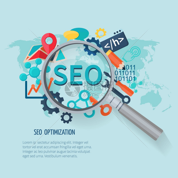 SEO营销与研究符号世界放大镜矢量插图SEO营销平台图片