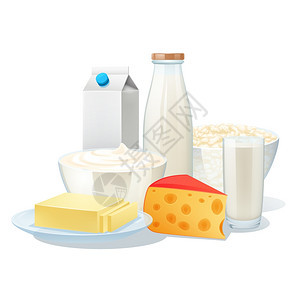 新鲜机牛奶产品奶酪黄油矢量插图牛奶制品套装图片