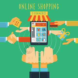 网上购物商业象形文字与信用卡支付选项手海报平抽象矢量插图网上购物手打印图片