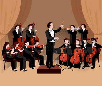 交响乐队与指挥小提琴大提琴小号音乐家平矢量插图交响乐队扁平图片