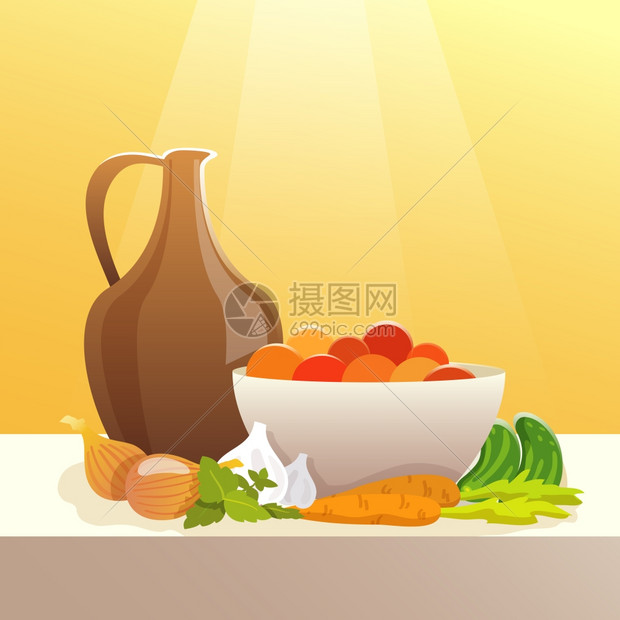 桌子上的蔬菜水罐生活平矢量插图蔬菜水罐还活着图片