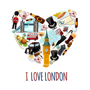 伦敦旅游海报与卡通旅游地标心形矢量插图伦敦旅游海报图片