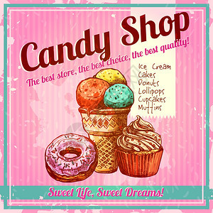 老式糖果店海报与草图甜甜圈冰淇淋纸杯蛋糕纹理背景矢量插图古董糖果店海报图片