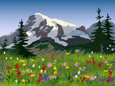 优质季节景观壁纸夏季草地与山脉冰峰背景打印风景如画的抽象矢量插图景观夏季高山Medow海报图片
