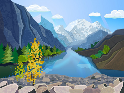 优质景观壁纸夏季山脉与河流绿树风景画海报打印抽象矢量插图风景夏季山脉打印图片
