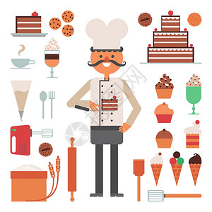 糖果人馅饼工具的糖果人与蛋糕馅饼冰淇淋工具配件平颜色矢量插图图片