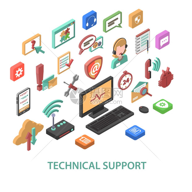技术支持与三维通信符号孤立矢量插图技术支持图片