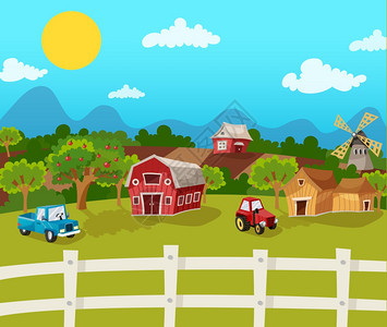 农场卡通背景与苹果园乡村景观矢量插图农场卡通背景图片