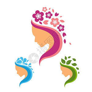 美容院标志女轮廓与花,水叶元素隔离矢量插图美容标志套装图片