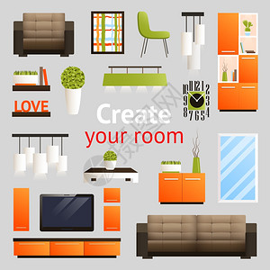 创建您的房间与客厅家具象隔离矢量插图家具物品图片