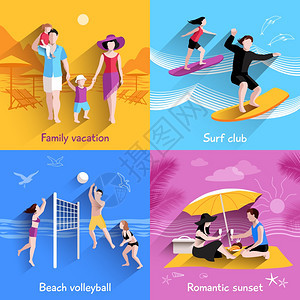 人们海滩上的理念与家庭度假冲浪俱乐部平图标的矢量插图海滩上的人图片