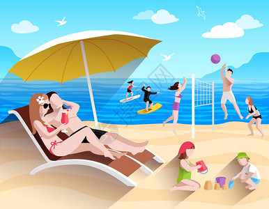 人们夏季海滩平矢量插图上玩耍冲浪海滩上的人图片