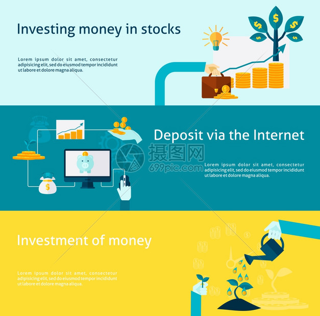 投资水平横幅与互联网存款平元素孤立矢量插图投资横幅套图片
