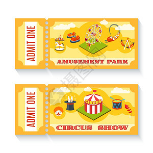 两张老式游乐园门票两个老式游乐园马戏表演门票模板与Chapiteau帐篷抽象孤立矢量插图图片