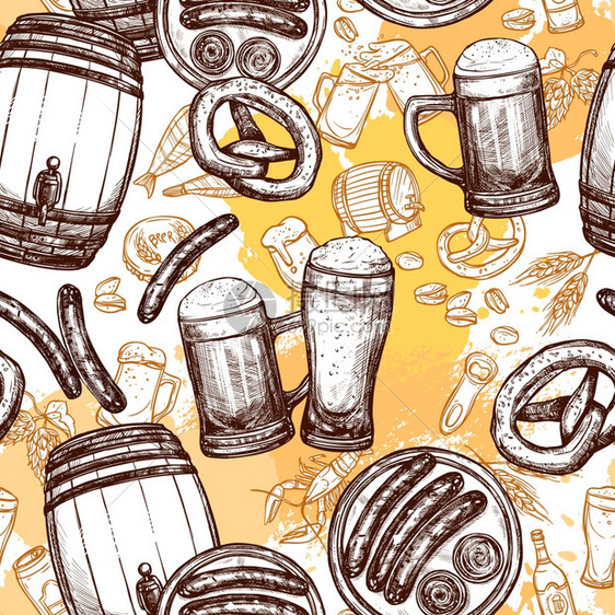 啤酒无缝图案与素描桶饮料杯香肠矢量插图啤酒无缝图案图片