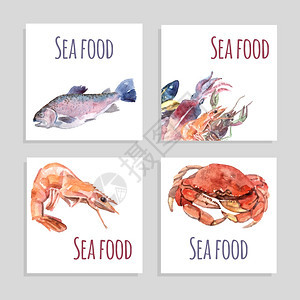 海鲜水彩横幅套海鲜水彩广场横幅螃蟹鱼虾分离矢量插图图片