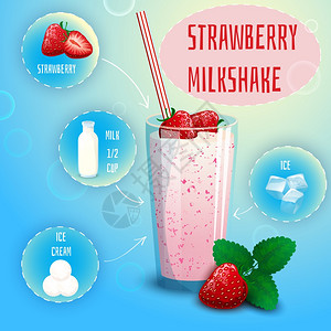 草莓奶昔食谱海报打印美味的草莓奶昔冰沙食谱演示与信息元素装饰海报打印抽象矢量插图图片